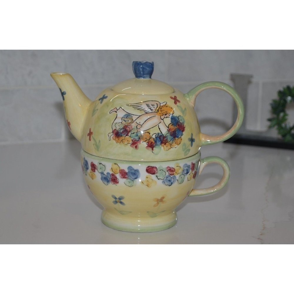Mesa‎ International Angels Floral Tea Pot Cup Stackable Yellow Flowers 4X6